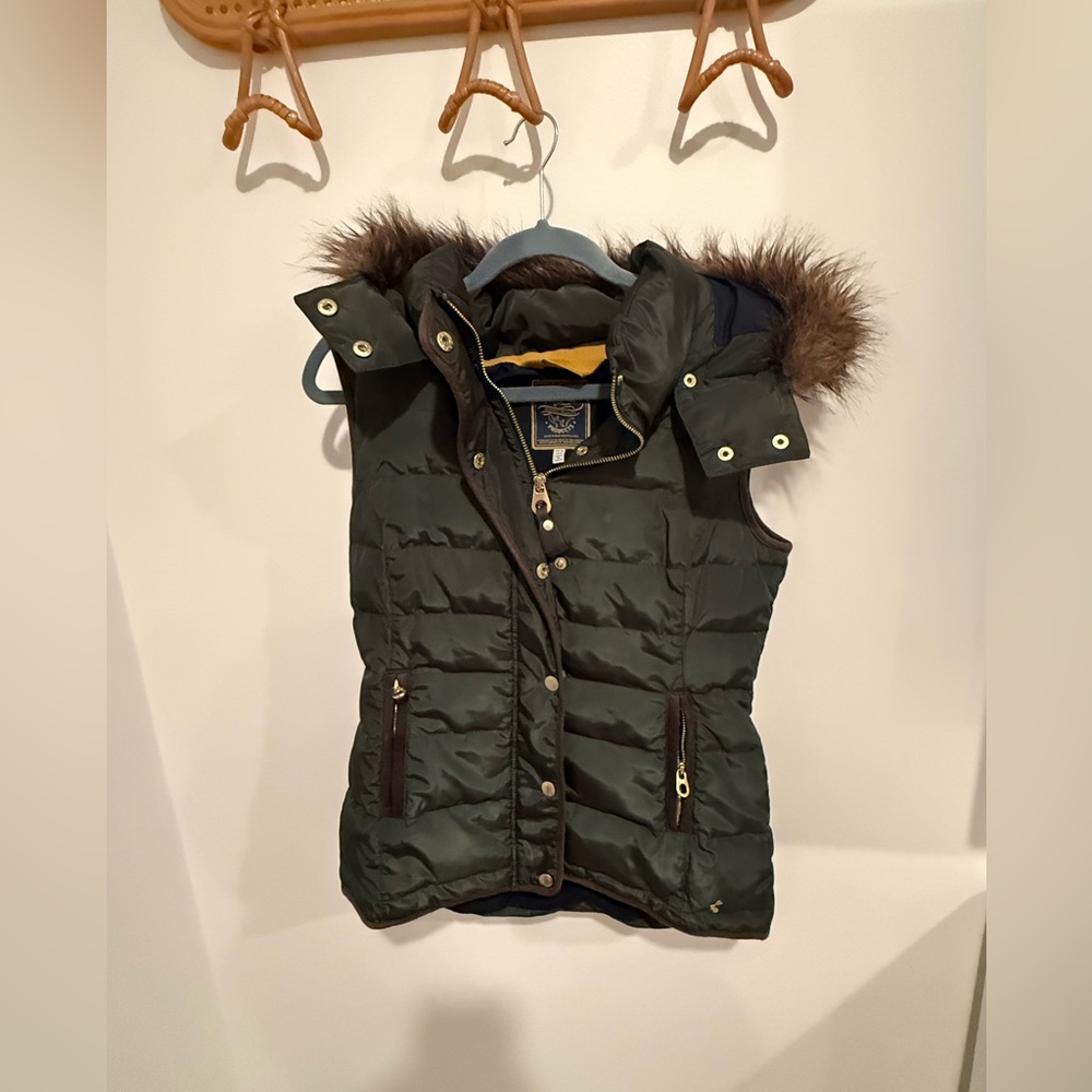 Joules Green Puffer Vest with Fur Trim Hood